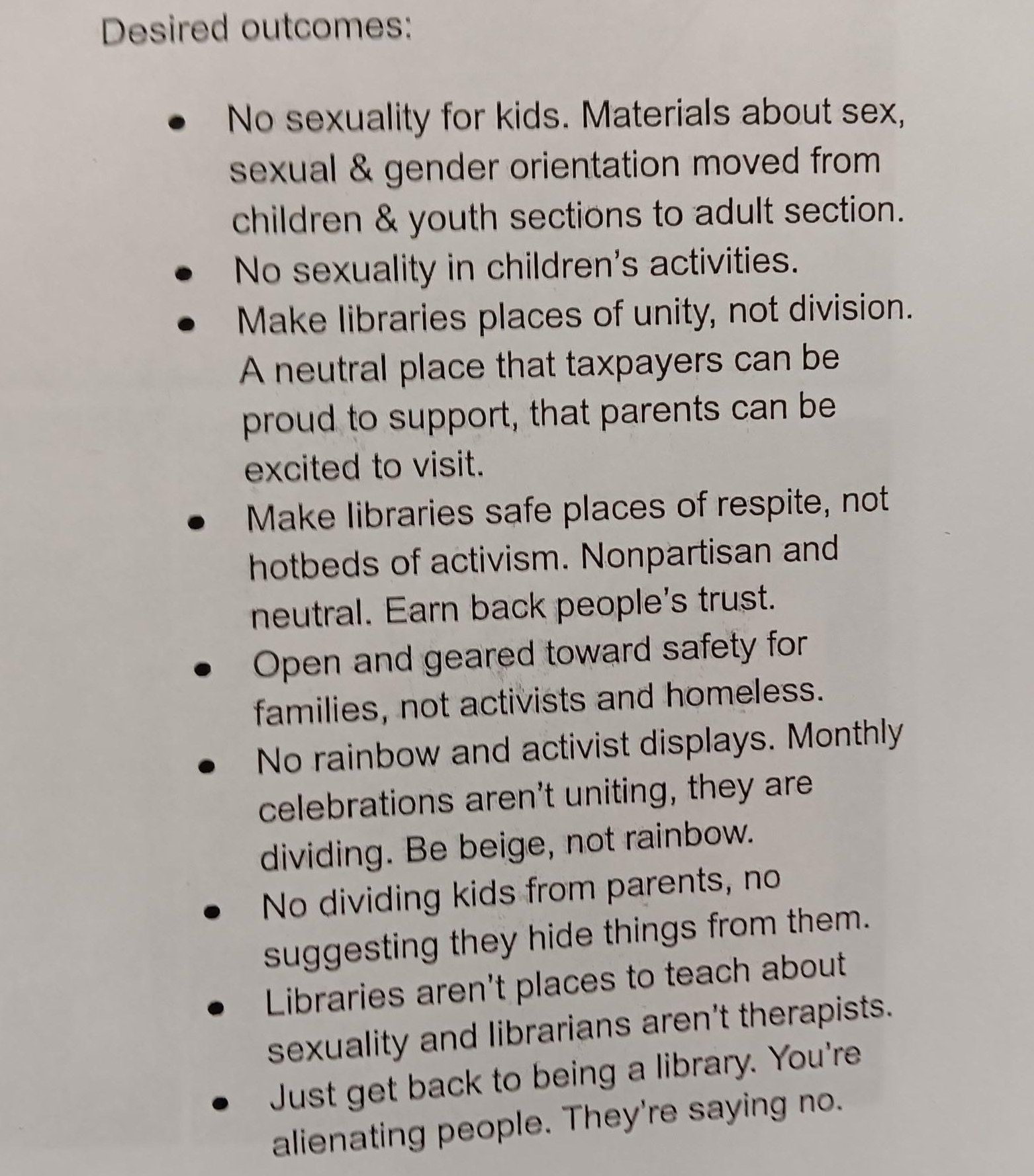 Photograph of the printed, one-page &ldquo;Desired outcomes&rdquo; list described here; the full text follows below.
